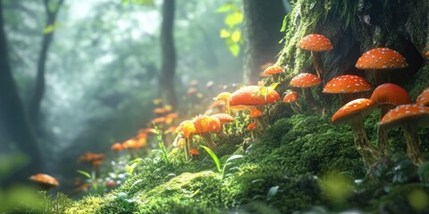 Poster - Enchanting forest scene featuring vibrant orange mushrooms with white speckles on lush green moss, illuminated by soft, diffused sunlight.