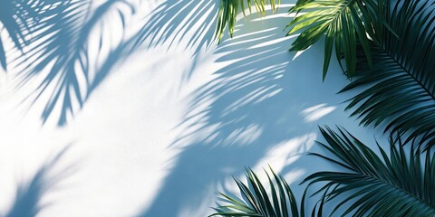 Leinwandbilder - Tropical palm leaves casting intricate green shadows on a textured white wall creating a serene and fresh atmosphere for summer vibes
