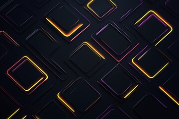 Poster - Abstract Dark Background with Neon Glowing Squares and Lines