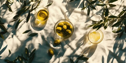 Aufkleber - Top view of a light beige table with green olive leaves surrounding two glass bowls of olives and olive oil creating soft shadows