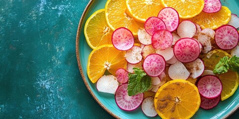 Poster - Vibrant platter of colorful citrus slices and radishes on a turquoise background with fresh mint leaves arranged artistically creating a refreshing display