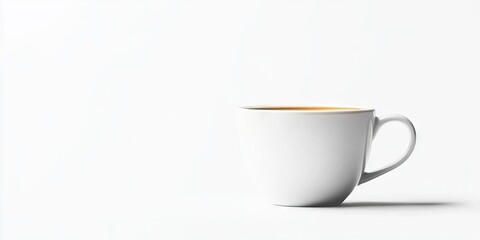 Poster - White coffee cup filled with brown coffee positioned to the right on a minimalistic white background creating a clean and modern aesthetic.