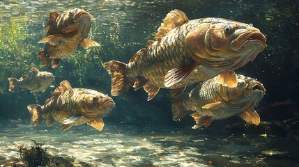 Wall Mural - Majestic Carp in Sunlit Waters A Digital Painting of Aquatic Life