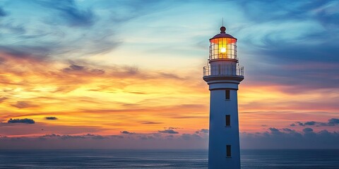Poster - Lighthouse illuminated at dusk with orange and blue sky background contrasting against calm ocean waves reflecting the sunset colors.