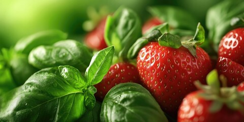 Poster - Fresh strawberries nestled among vibrant green basil leaves in a macro shot with rich textures and ample soft focus background space.