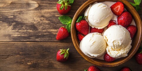 Aufkleber - Creamy vanilla ice cream scoops topped with fresh strawberries in a wooden bowl on rustic wood backdrop with vibrant red and green hues