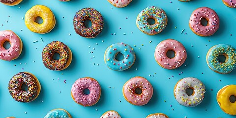 Poster - Colorful assorted donuts with sprinkles arranged on a vibrant turquoise background creating a playful and cheerful pattern design.