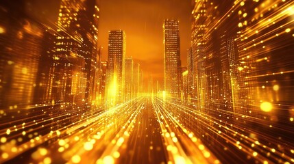 Poster - A glowing, golden-lit cityscape at night, with skyscrapers shining brightly and a blurred foreground enhancing the sense of movement in a futuristic setting.