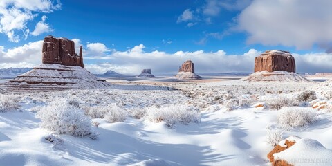 Aufkleber - Vast snowy landscape featuring iconic rock formations under a blue sky with white clouds, emphasizing contrasts of white snow and earthy colors.