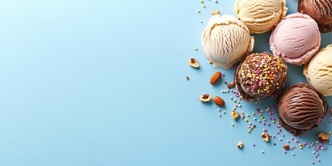 Aufkleber - Colorful assortment of ice cream scoops in various flavors including chocolate vanilla and pink on light blue background with scattered nuts and sprinkles