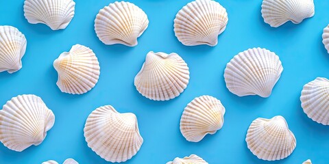 Poster - Seashells displayed on a vibrant blue background arranged in a pattern showcasing their textured surfaces and natural beige tones.
