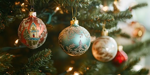 Poster - Elegant Christmas ornaments in red, teal, and gold hang from a lush green tree, adorned with warm white lights, capturing the festive spirit.