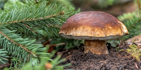 Poster - Brown mushroom emerging from dark soil surrounded by vibrant green pine needles capturing the essence of a serene forest environment.