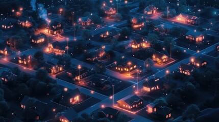 Aufkleber - A glowing night-time cityscape featuring homes and infrastructure interconnected with data points, illustrating a smart city's energy consumption optimization.