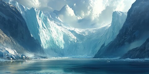 Aufkleber - Dramatic icy glacier landscape with towering turquoise ice formations reflecting in calm blue water under a cloudy sky in a serene mountainous setting