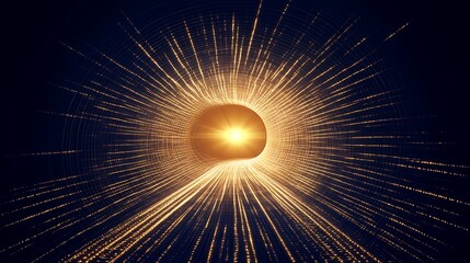Fototapete - Golden Light Tunnel: Abstract Digital Artwork of a Glowing, Gridded Passage