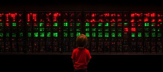 Poster - Child observing a massive vintage computer system's illuminated control panel.
