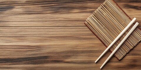 Poster - Empty bamboo mat with two sushi chopsticks positioned on the right side against a warm wooden surface, offering ample copy space for Asian cuisine.