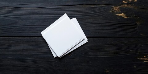 Poster - Blank business cards stacked on a textured black wooden table surface viewed from above showcasing a minimalist design and ample space for personalization