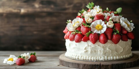 Poster - Fresh cream cake adorned with vibrant strawberries and delicate white flowers on a rustic wooden table with ample space for text or design.