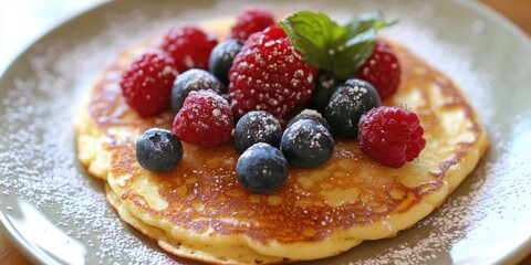 Poster - Fluffy pancakes topped with fresh raspberries and blueberries garnished with mint leaves on a gray plate dusted with powdered sugar.