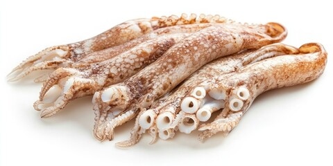 Poster - Semi dry squids arranged on a white background displaying textured skin and limbs in shades of brown and cream ideal for culinary and food photography