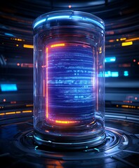 Fototapete - Futuristic Data Core:  Glowing Cylinder of Digital Code in Sci-Fi Setting