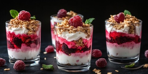 Poster - Layers of creamy yogurt with raspberry and granola in glass cups on a dark background garnished with fresh raspberries and mint leaves.