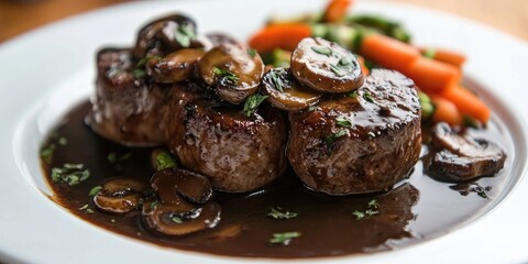 Poster - Tender meat medallions in rich mushroom sauce on a white plate with vibrant green and orange vegetables arranged on the side for a gourmet presentation