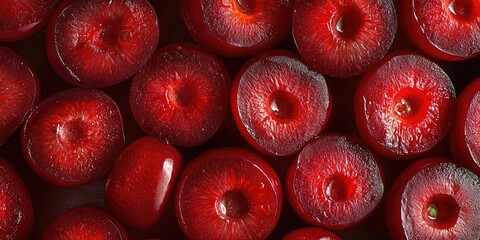 Poster - Overhead view of glossy deep red cherries with vivid halves arranged symmetrically on a dark surface highlighting their juicy texture and color.