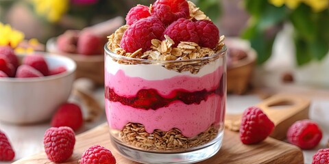 Poster - Delicious raspberry yogurt parfait layered with granola and cream topped with fresh raspberries set against a blurred floral background.