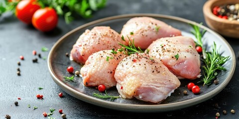 Poster - Fresh raw chicken thighs seasoned with pepper arranged on a dark plate garnished with rosemary and berries surrounded by herbs and cherry tomatoes.
