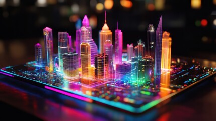 Poster - Futuristic Cityscape with Neon Lights on Circuit Board Design