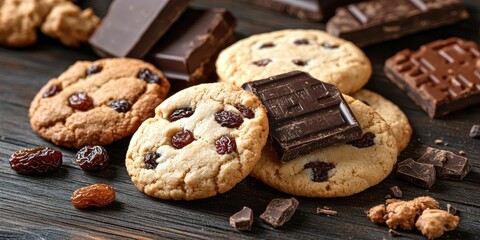 Poster - Delicious chocolate chip cookies and chocolate pieces arranged on a rustic wooden surface with scattered raisins and dark chocolate chunks