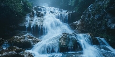 Fototapete - Majestic cascading waterfall surrounded by lush greenery with misty ambiance creating a serene natural landscape in soft blue tones.