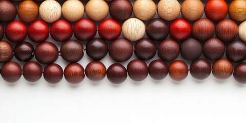 Poster - Colorful arrangement of wooden beads in various shades of brown, red, and cream, aligned horizontally against a white background.