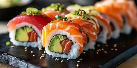 Poster - Colorful sushi rolls on a black slate plate featuring vibrant orange salmon red tuna and green avocado garnished with chives and sesame seeds