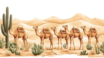 Wall Mural - Caravan of Camels Crossing the Sahara Desert A Watercolor Illustration.