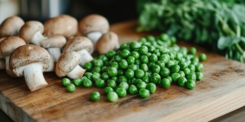 Poster - Fresh green peas and brown mushrooms artfully arranged on a rustic wooden cutting board with a blurred green leafy background.