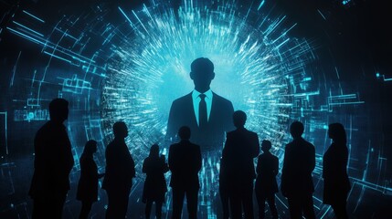 Poster - A group of businesspeople silhouetted against a hologram of a businessman, highlighting the virtual and futuristic nature of business presentations in cyberspace.