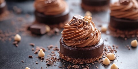 Aufkleber - Chocolate mousse dessert with swirls of creamy frosting topped with chocolate shavings on a dark background, surrounded by chocolate chips.
