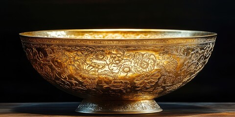 Poster - Elegant antique silver bowl with intricate floral engravings, positioned centrally on a wooden surface, illuminated by warm golden light.