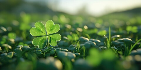 Aufkleber - Lush green clover leaf prominently centered among vibrant grass and foliage with soft blurred background capturing a serene natural setting