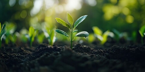 Aufkleber - Green seedling emerging from rich soil in foreground with blurred green foliage and soft sunlight creating a bokeh effect in background.