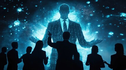 Poster - A group of businesspeople silhouetted against a hologram of a businessman, highlighting the virtual and futuristic nature of business presentations in cyberspace.