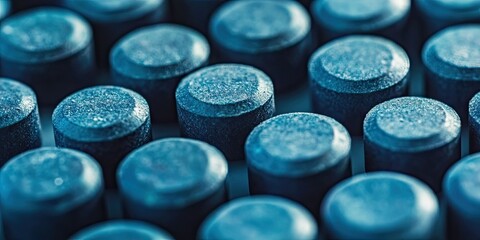 Poster - Close-up of textured dark blue metallic cylinders arranged in a symmetrical pattern, highlighting surface details and reflections in a soft focus.
