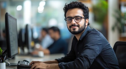 Wall Mural - Smiling young professional working at a desk in a modern office with coworkers engaged in background activities and natural light shining through windows