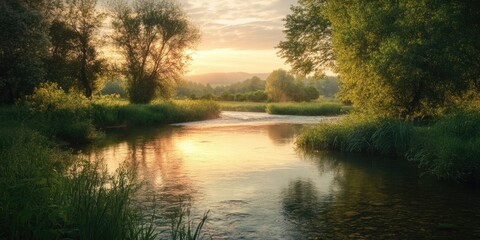 Poster - Serene landscape at sunrise, lush green trees and soft water reflections, golden light illuminating the riverbank and tranquil environment.