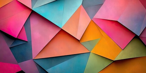 Poster - Vibrant geometric abstract backdrop featuring teal, pink, orange, and purple triangles interwoven in dynamic layers for creative design inspiration