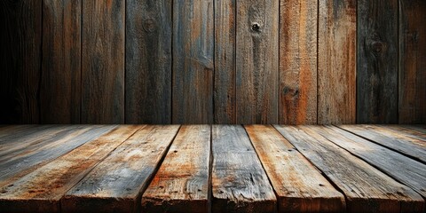 Wall Mural - Rustic wooden planks background with dark brown hues set against a weathered wall texture, showcasing a natural and textured appearance.